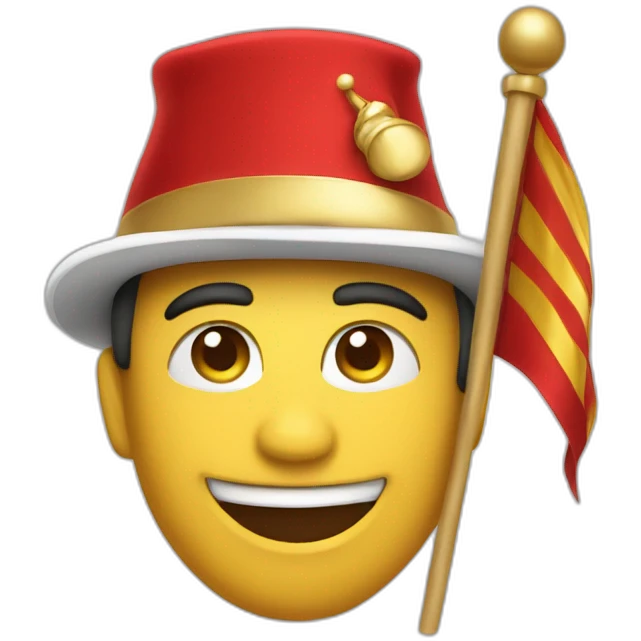Create a strong man emoji with a confident smile, in red and gold, sporting a New Year's hat and waving a small flag. emoji