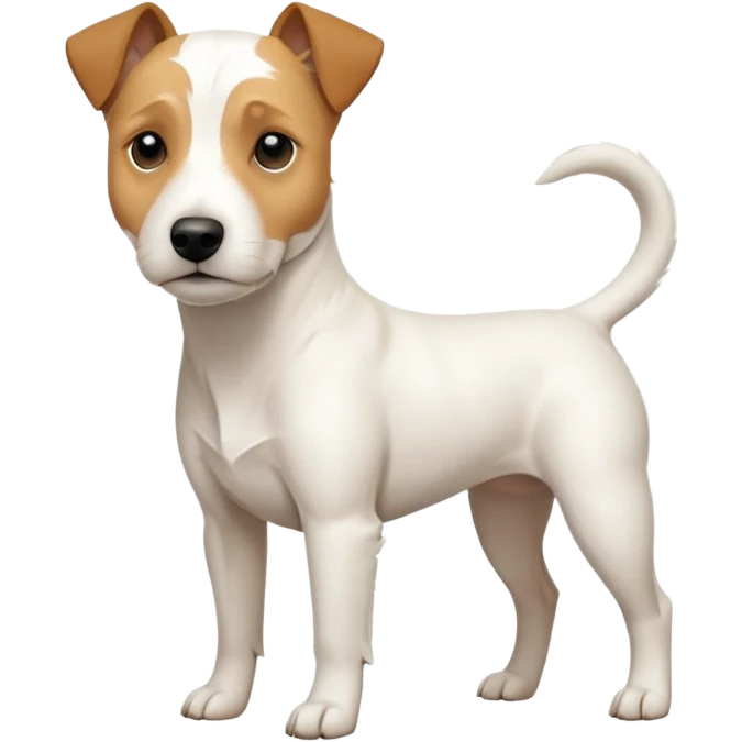 a full body facing front on of a buff white parson russell terrier looking dog the size of a kelpie with light brown long ears resting on its face and a light brown patch on one eye and a large snout. the rest of the dog is completely white.  emoji