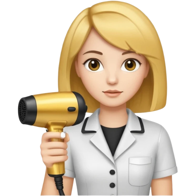 brunette bob girl hair stylist holding a golden hair dryer emoji