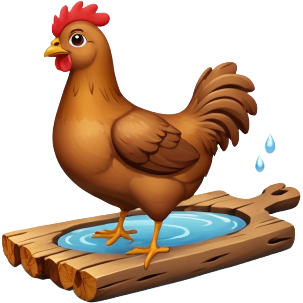 Selde tahta parçasının üzerinde kahverengi suda sürüklenen tavuk emoji