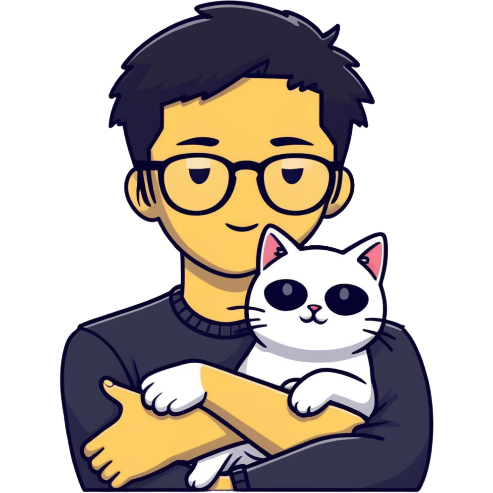 A young man with a long face and warm yellow-toned skin, black hair, wearing a pair of black glasses, cradling a grayish-white cat emoji