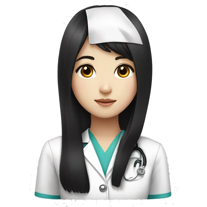 korean girl, full-bang, long straight black hair, doctor uniform, black eyes, mute lip emoji
