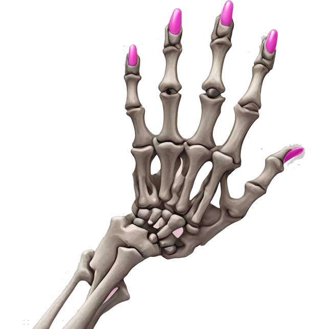 Pretty skeleton 5 fingers hand with pink nails manicure girly design but stylish minimalistic emoji