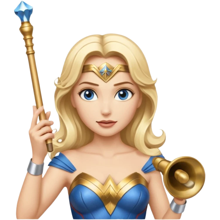 Blonde blue eyed Wonder Woman holding white orchestra conductor’s baton and bell emoji