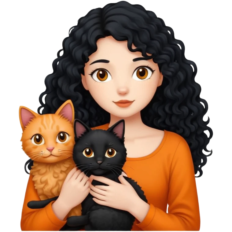 A girl with long black hair is holding a black cat, an orange cat and a curly-haired dog emoji