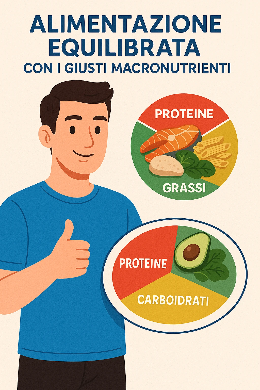 uomo che fa alimentazione attraverso i giusti macronutrienti. Scritte in ITALIANO emoji