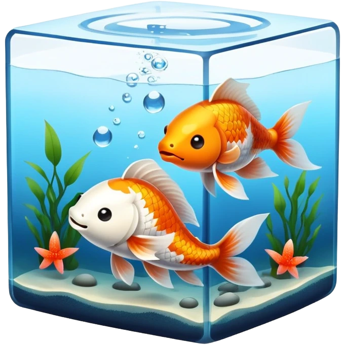 Cube fish tank, 2 koi fish, cute emoji emoji