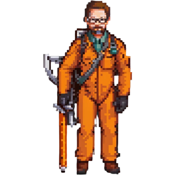 Gordon Freeman from Half-Life 2, pixel art, orange suit, glasses, crowbar emoji