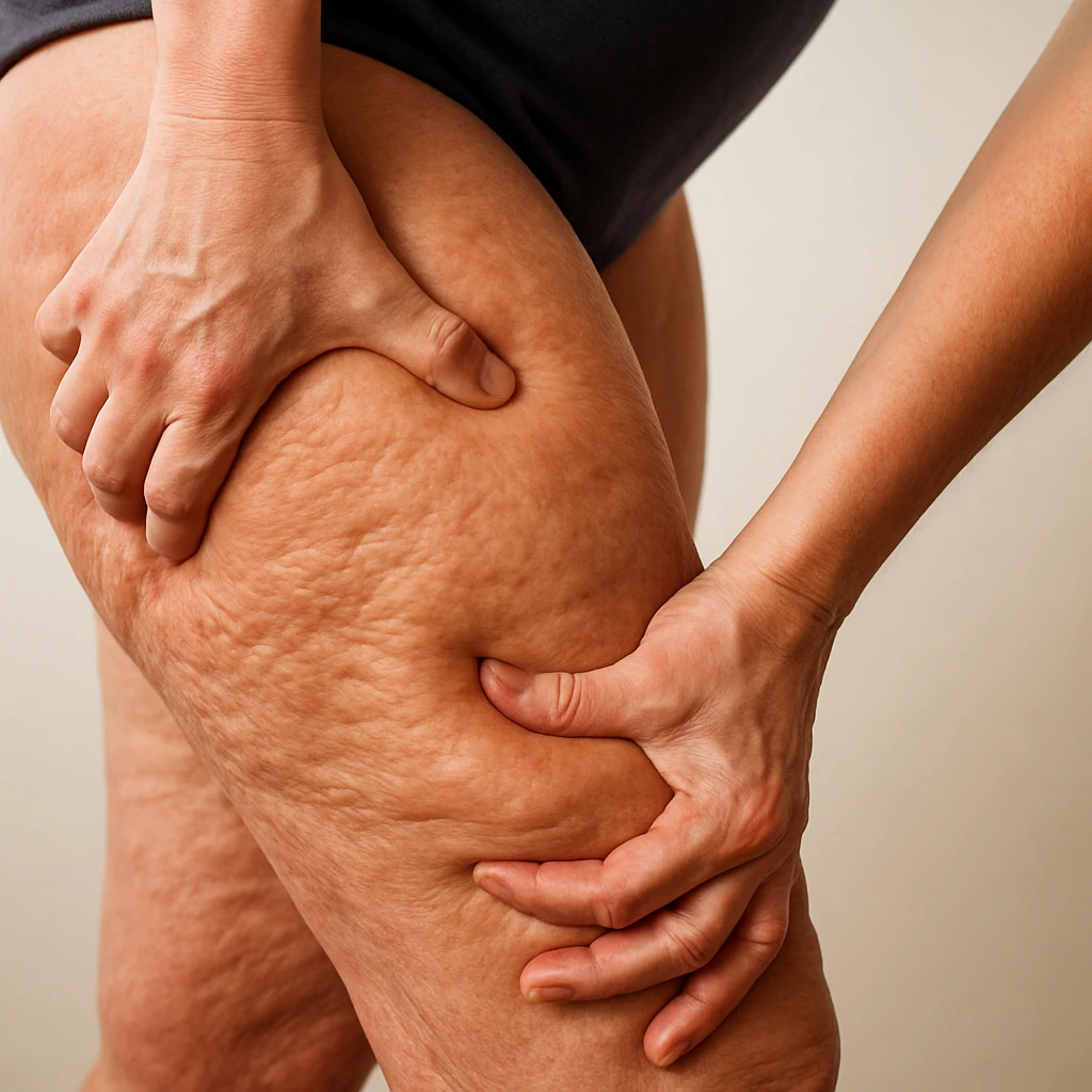Hyperrealistic style, detail of swollen legs with orange peel skin, hand squeezing the skin, realistic anatomical details, 4K quality. Variant 3. emoji