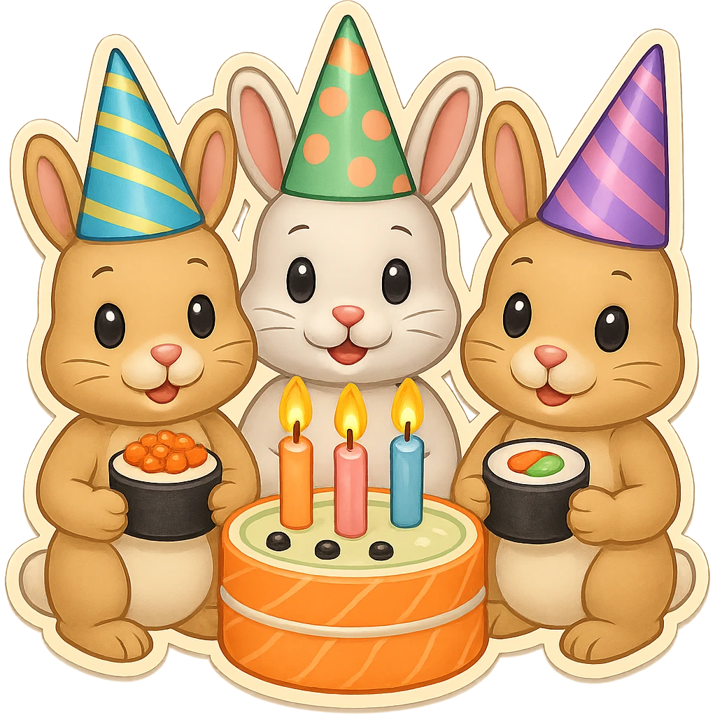 Add a fourth bunny so there are four bunnies together, all clearly visible, eating sushi at a birthday party, pastel colors, cute, festive emoji style, preserve the background transparency. emoji