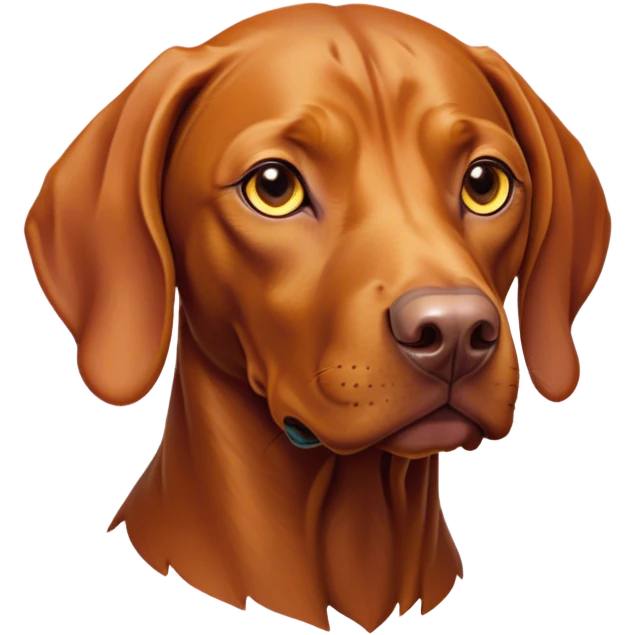 Cinematic Noble Vizsla Portrait Emoji, Poised and regal, with a sleek, athletic build and a short, smooth Fur of rust and gold, deep-set soulful amber eyes, Simplified yet sharp and sophisticated features, highly detailed, glowing with a soft, dignified glow, high shine, intelligent and agile, stylized with an air of determination, focused and attentive, soft glowing outline, capturing the essence of a watchful and confident companion, so majestic it feels as though it could sprint out of the screen with effortless authority! emoji