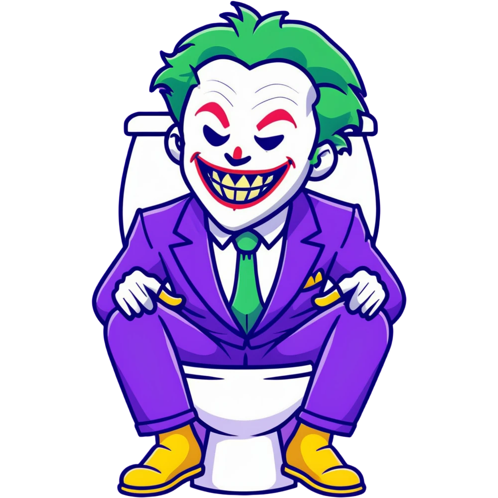 Joker villain sitting on toilet laughing maniacally, green hair, purple suit emoji