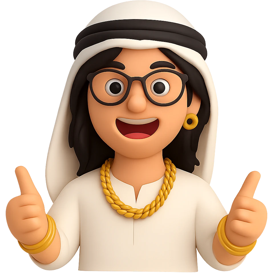 Edit the blond guy with mid-length hair, black glasses, wearing gold jewelry in Dubai style. Make him energetic with no background. emoji