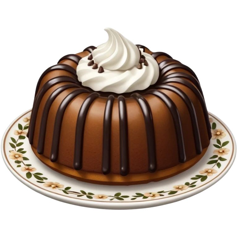 Bundt cake with chocolate sauce and whipped cream and chocolate sprinkles on a white and brown floral plate emoji