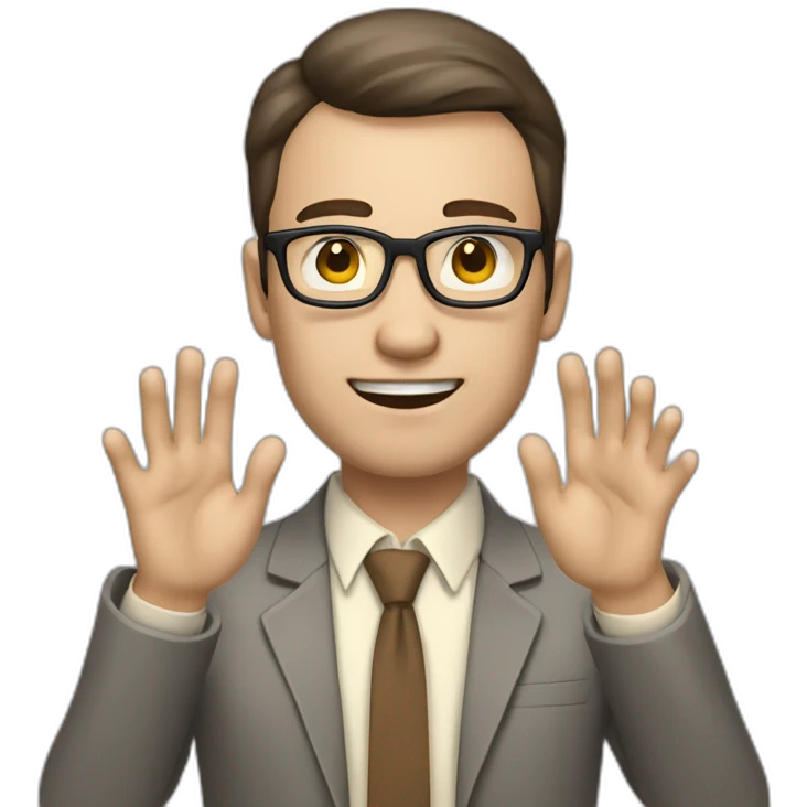 To belt Actively gesturing with hands Pale skinned fit man with dark brown hair in gray jacket, beige office shirt, brown tie, brown pants and vintage glasses. emoji