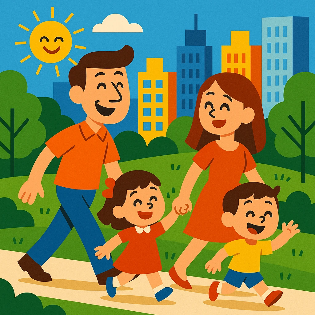 cartoon family walking in a city park, tall buildings in the background, vibrant colors, vibrant toon style emoji