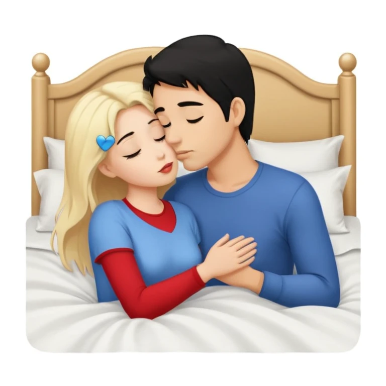 Naked man, black hair, kissing naked Woman, blonde hair, bed,  emoji