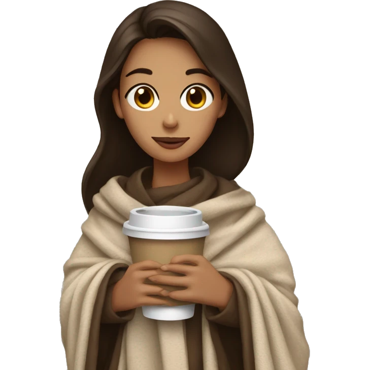 brunette girl holding a coffee, wrapped in a blanket emoji