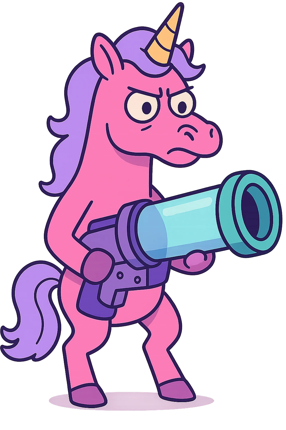 neon pink unicorn with a glass cannon, stylized, cartoonish, bold colors emoji