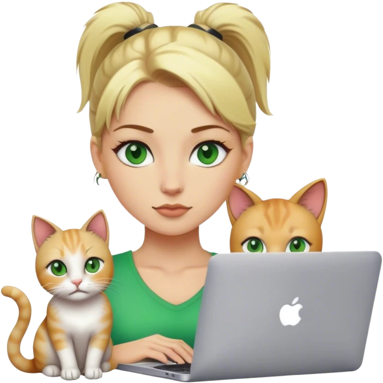 Blonde woman ponytail green eyes with cat and MacBook emoji