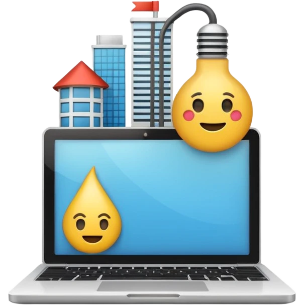 Emoji de una agencia creativa: edificio moderno pequeño con laptop y bombilla de ideas, estilo emoji minimalista, colores planos, líneas limpias, aspecto profesional y amigable, fondo transparente. emoji