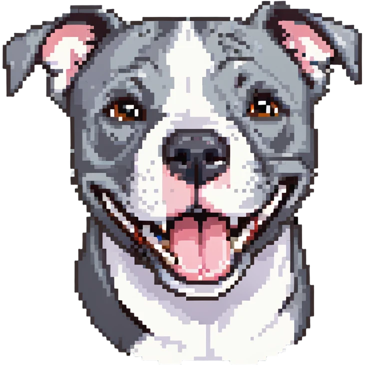 round circle puppy head full grey bleu staffy, big open mouth, big tongue out, stupid expression emoji