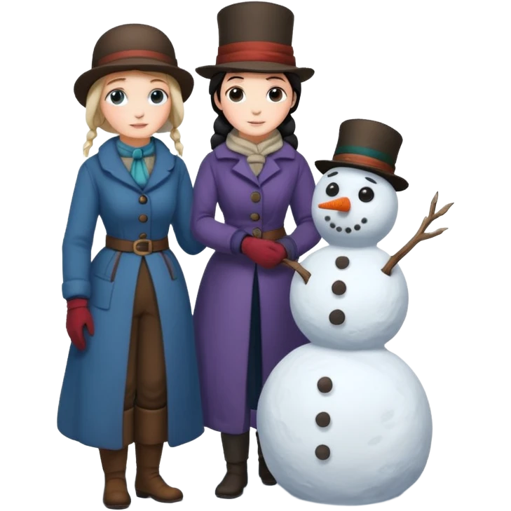  young Virginia Poe and  eldely Maria Clemm  full body building a snowman  1800's emoji