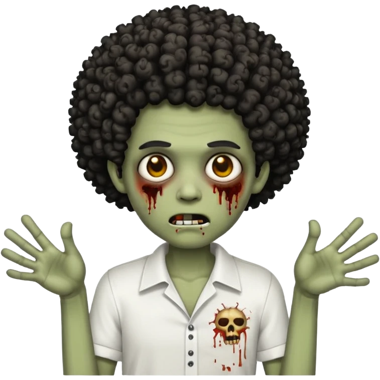Make a image of a zombie with a curly temp fade Afro  make it like a emoticon not as scary make hair black and with a white shirt on emoji