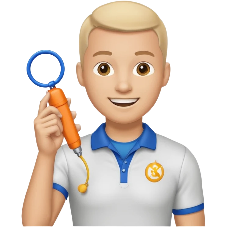 physical education teacher, smiling, holding a whistle emoji
