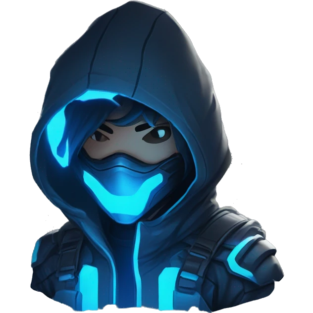 developer behind his laptop with this style : crysis Cyberpunk Riot Games Valorant neon glowing bright blue character blue black hooded assassin themed character emoji