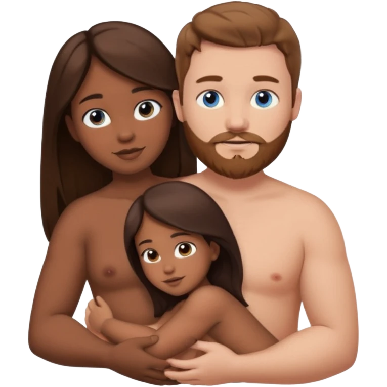 chubby white guy with brown hair and beard and blue eyes, holding a brown girl with long dark hair and dark brown eyes in arms, naked, showing tits emoji
