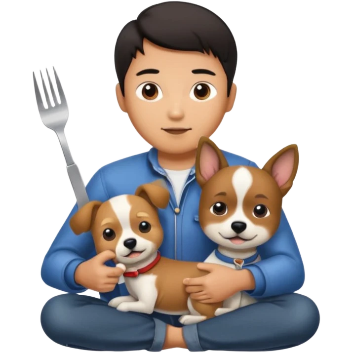 Make an Asian man with a cute dog on his play while the Asian man has a fork and knife in hand emoji