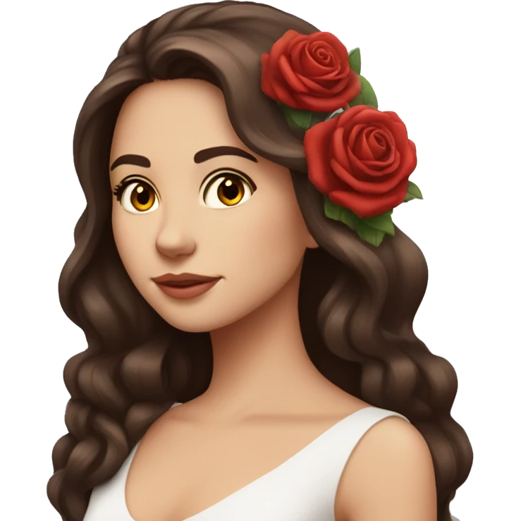 Beautiful, rose, red, flowers in hair, long dark brown hair, white fair skin emoji