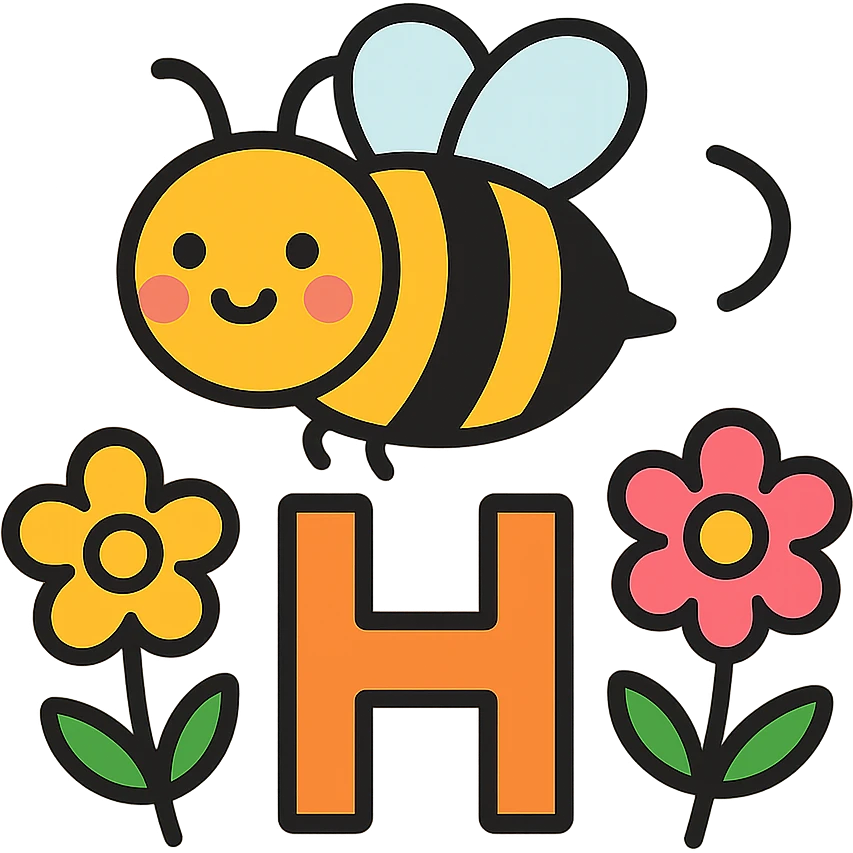 cartoonish bumblebee with the letter H, surrounded by flowers emoji
