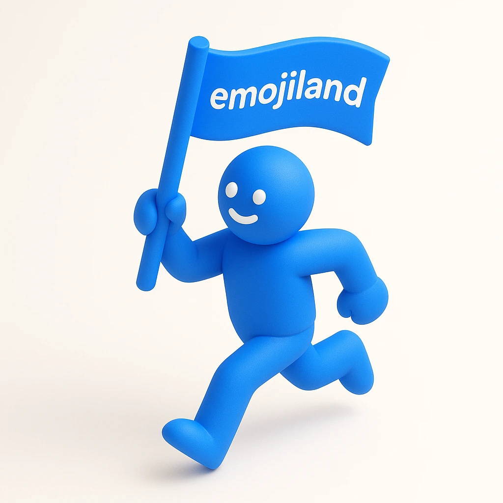 happy runner waving a flag that says 'emojiland' emoji