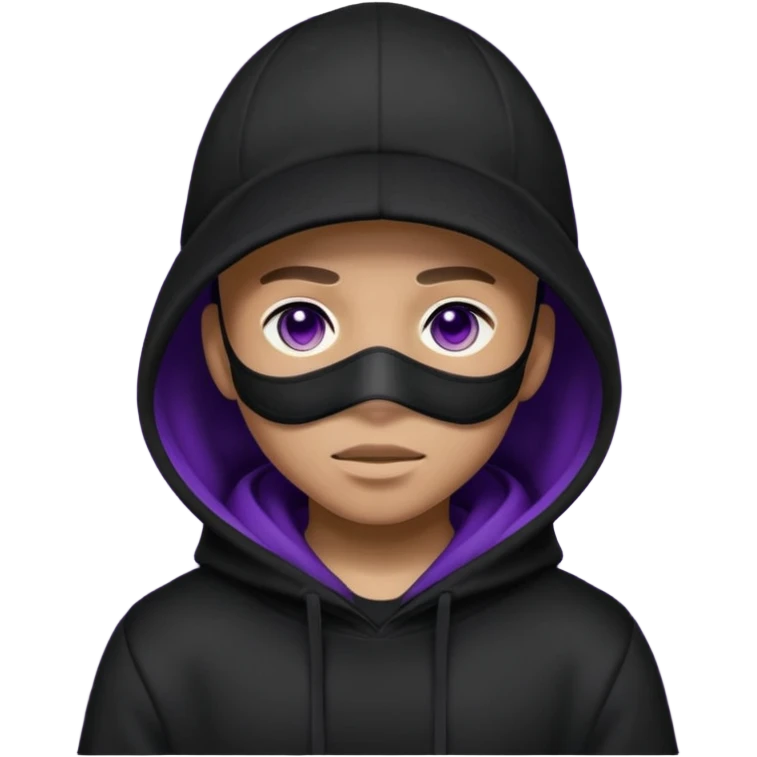 Cartoon blacked character related to a shadow, with all black clothes, focusing a hoodie with his cap on and a black facemask, no visible face because of the darkness, just his purple shadow eyes making a light bloom emoji