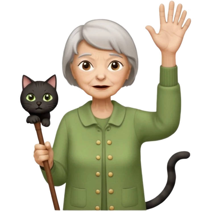 A grouchy old lady with a wooden cane in her hand waving it in the air shouting out "Stay Off My Lawn!" Hair Is short brown with some grey in it eyes are brown also  a pure black cat with big green eyes sitting on her left shoulder. The cat has her left paw up emoji