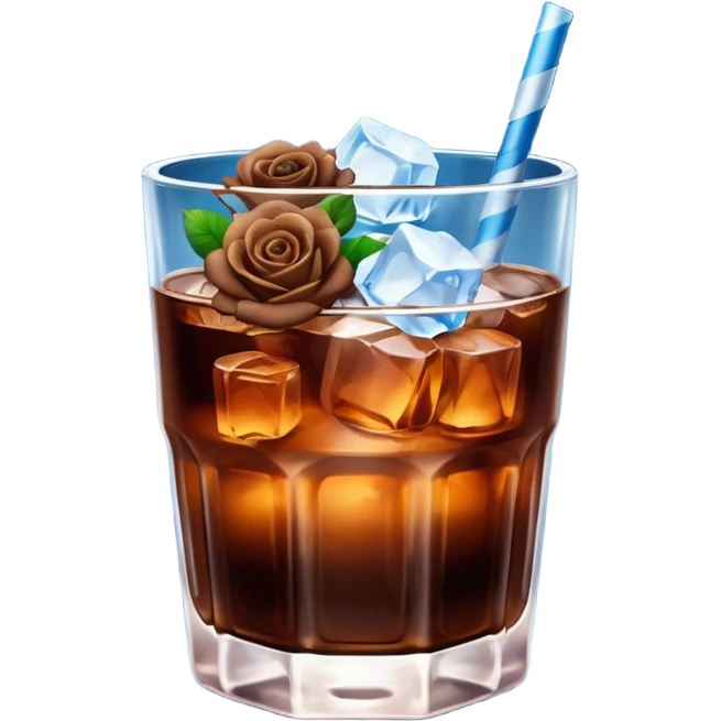 Cold brew coffee with mini roses blue light and small size mini glas cup with ice cubs emoji