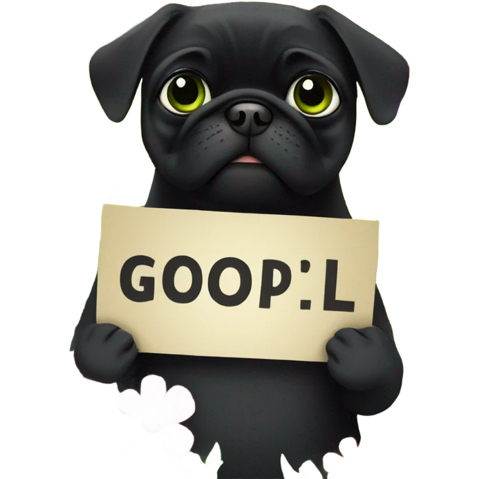 Black pug , surrounded by flowers, holding a green sign that says “good luck”  emoji