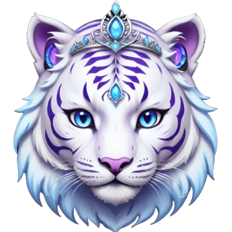 ESO Female white/black tiger khajiit leader of the umbral rose, glowing blue eyes, glowing blue 'third eye' gem; beautiful desined purple gemmed silver tiara emoji