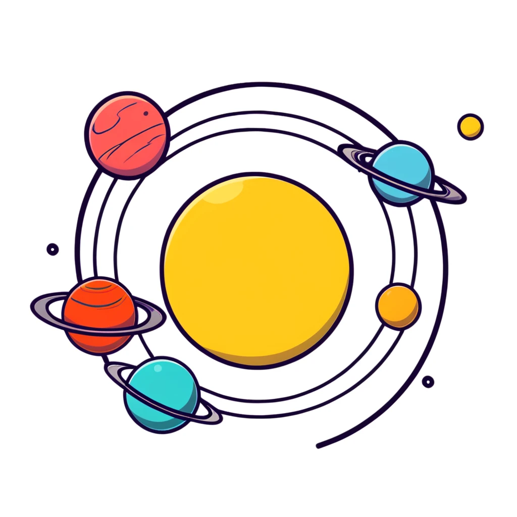 Solar system with planets in the shape of hearts orbiting around a sun, cute colorful heart planets emoji