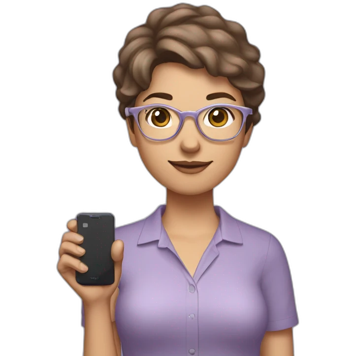 Woman with short brown hair, wearing a lavender-colored shirt, silver brand glasses, and holding a cell phone in her right hand. emoji