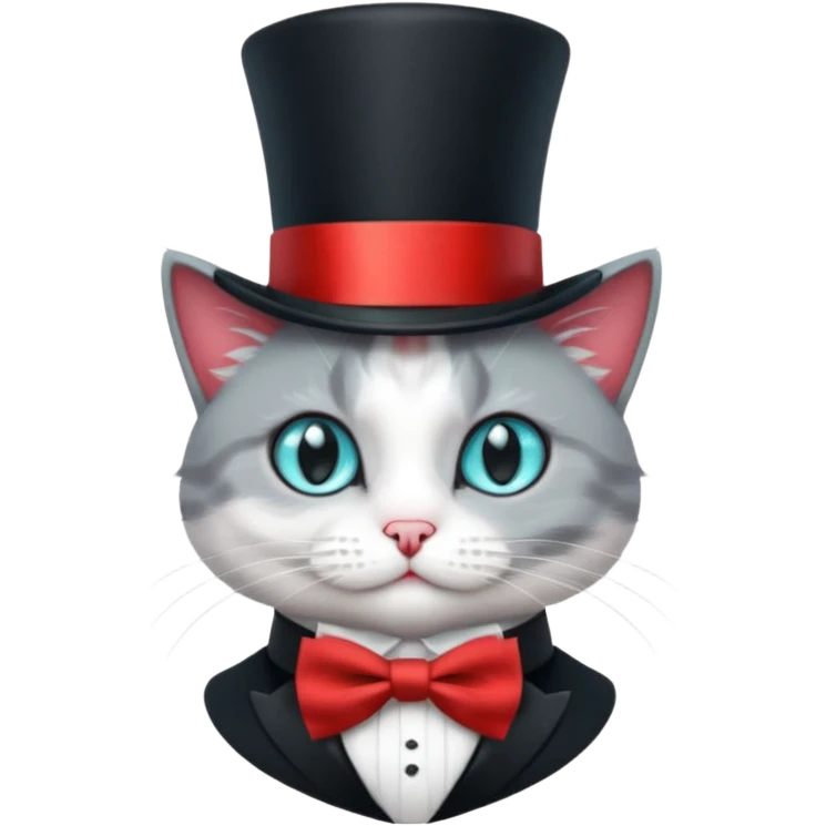  Kater in grau weiß, mit schwarzem Zylinder, der eine rote Banderole auf dem Kopf hat, der etwas schräg ist, so dass nur ein Ohr zu sehen ist. Der Kater schaut gerade nach vorne und am Hals hat er eine kleine, rote Schleife. Die Augen sind türkisfarben am funkeln mit kleinen, weißen Lichtreflexen. emoji