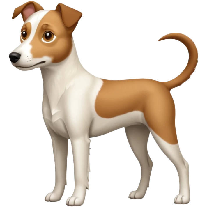 a full body large white parson russell looking dog the size of a kelpie with light brown flapped down ears and a light brown patch on one eye and a large snout emoji