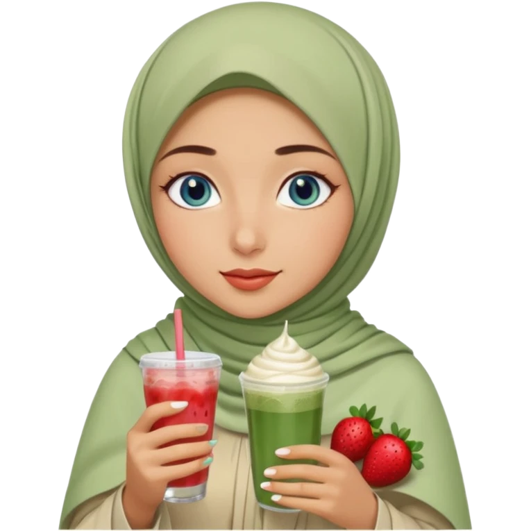 Turkish beautiful finish Konya girl blue eyes with beige and light green hijab islamic dress and had on her hand strawberry Matcha drink emoji