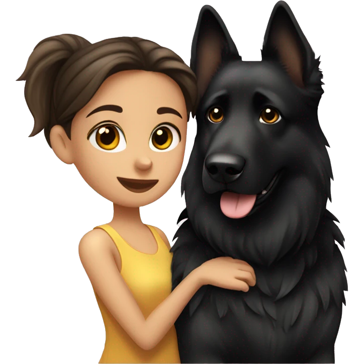 Brunette girl with long hair kissing black German shepherd dog  emoji