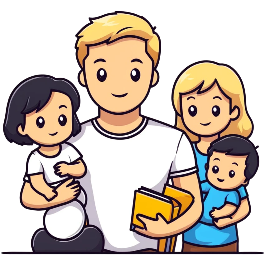 family with blond dad, brunette mom, blonde son, daughter with black hair, and a baby emoji
