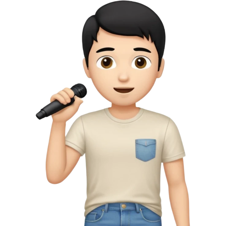 Handsome young man with black hair singing karaoke wearing an ivory t-shirt and denim shorts. emoji