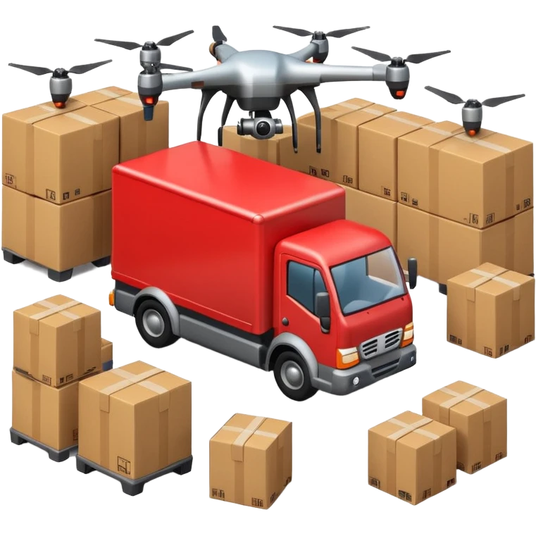 create a realistic emoji showing logistics in different ways. Maybe a car, a storage room, a place where everything is stored, drones and so on emoji