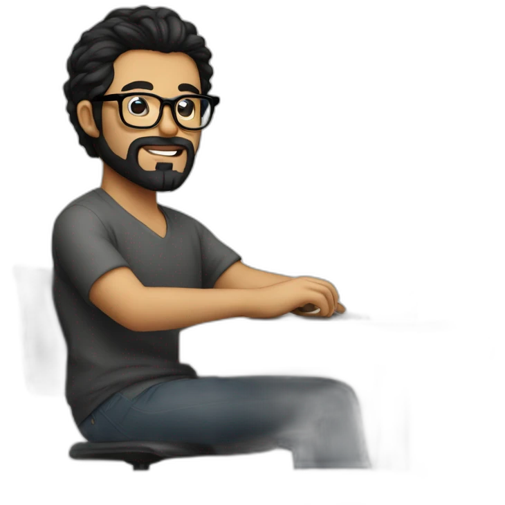 Designer with black hair, beard and glasses working with MacBook and drinking cappuccino  emoji